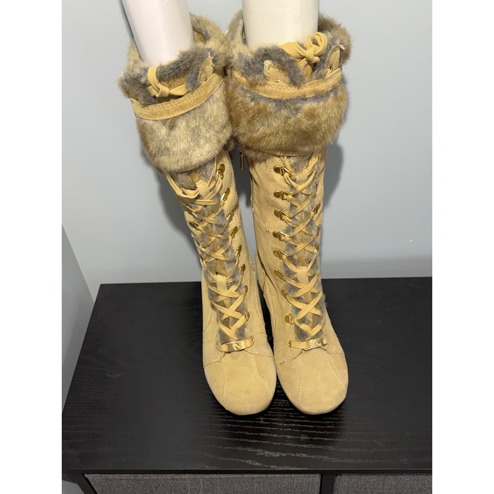 Report Tan Suede Faux Fur Trim Lace Up Wedge Boots Gold Buckle Knee High